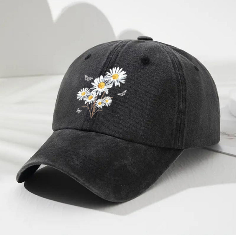 Vintage Daisy Butterfly Print Baseball Cap | Adjustable Lightweight Breathable Dad Hat, Outdoor Sports Leisure Gear, Black and White Floral Design, Teacher'S Day Graduation Gift, Casual Headwear, All-season