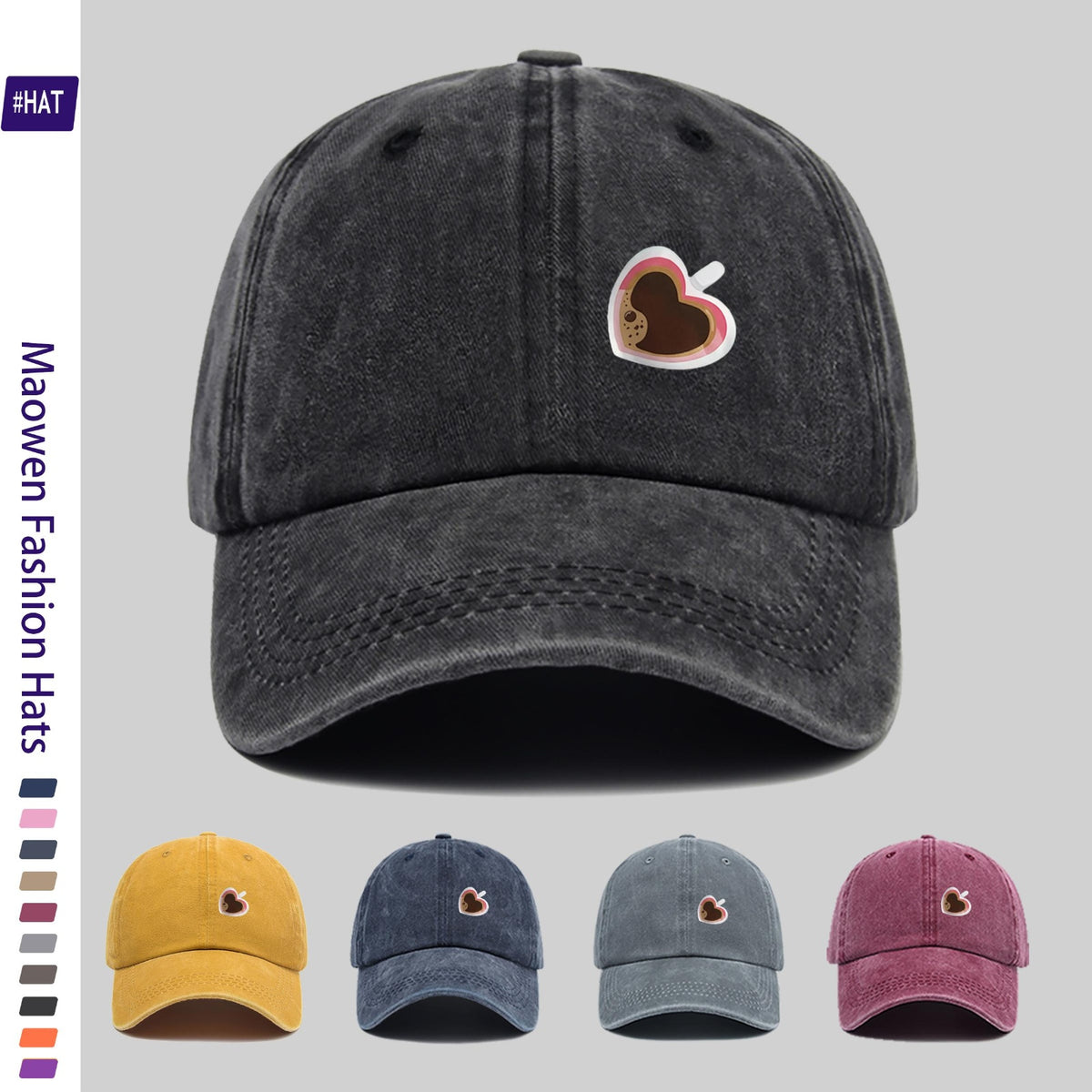 Adjustable Unisex Summer Baseball Cap with Washed Vintage Brim And Distressed Design, Featuring a Distinctive Heart-Shaped Coffee Cup Print, Embodiment of Italian-Style Retro Aesthetics. This Street-Style Skateboard Retro Snapback Hat Is Durable