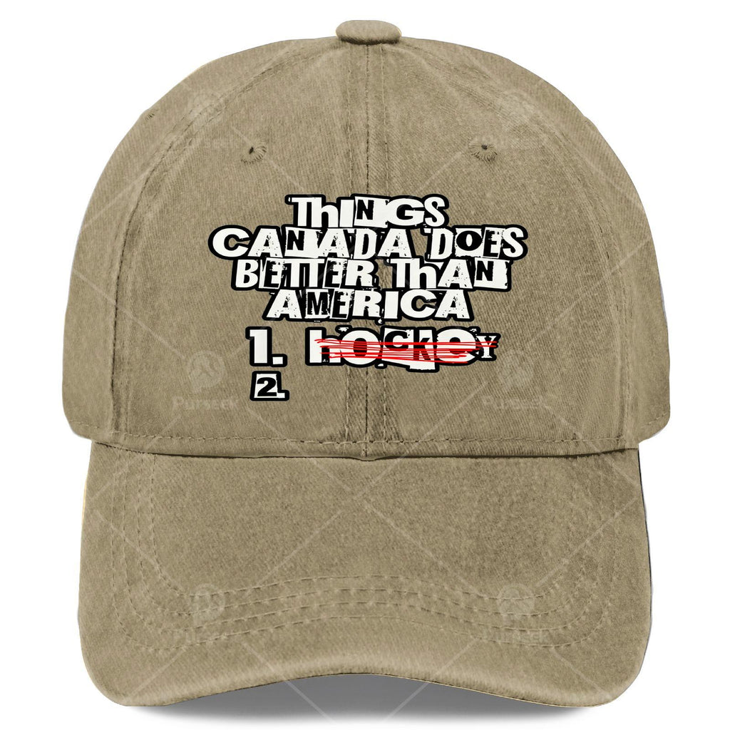 Things Canada Does Better Than America Funny Rivalry Baseball - Retro Full-Body Print Suitable for Christmas, Games, 4th of, Unisex Hat with Canadian for Events & Casual Wear