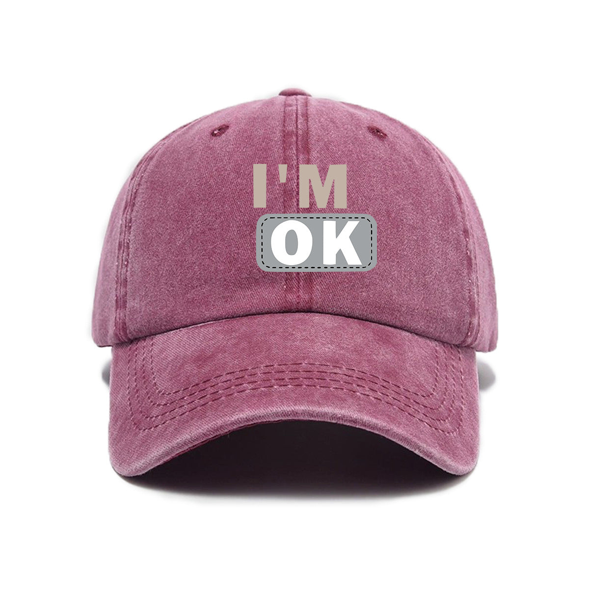 1 Washed Distressed Printed Baseball Cap for Adults, Simple "I'M OK" Letter Print, Washed Distressed Soft Top Sun Baseball Cap, Unisex Baseball Cap