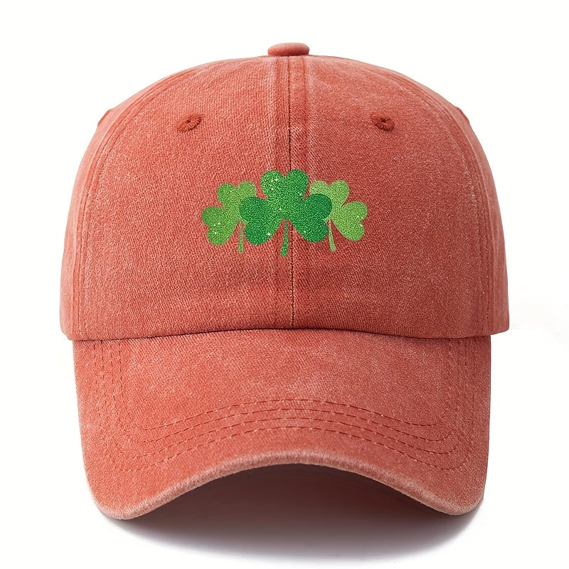 Green Clover Print Adjustable Snapback Cap - Outdoor Textile Hat with Four- Clover, Comfortable Casual Wear for, Camping, Travel, Ideal Gift Suitable for Couples & Outdoor Activities