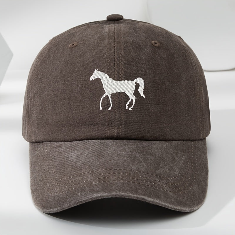 High-Quality White Horse Embroidered Baseball Cap, Washed Vintage Adjustable Duckbill Hat, Soft Top, Breathable, Sweat-Absorbing, Sun-Protective Trendy Hat