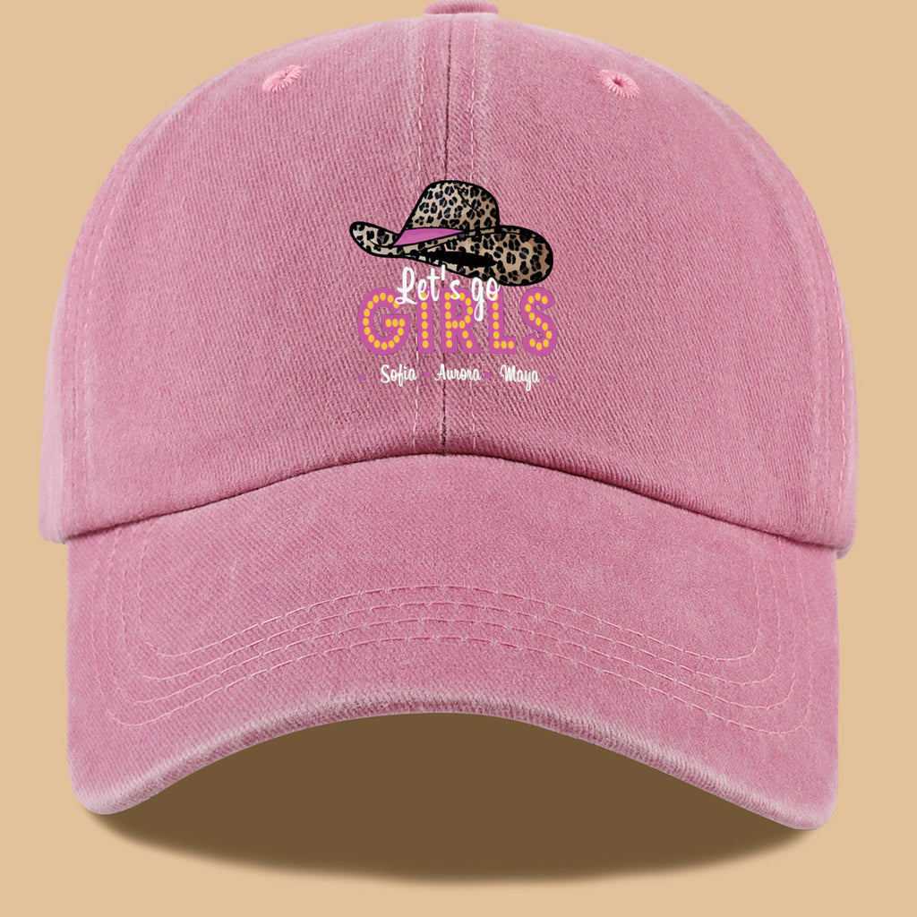 1pc Leopard Print Wide Brim Baseball Cap, Pink Brim with "Let'S Go GIRLS" Neon Style Letters, Adorned with Sofia, Aurora, Maya Names. Fashionable And Individual Sun Hat, Adjustable Size. Bestie Outing Hat, Sister Gathering Hat