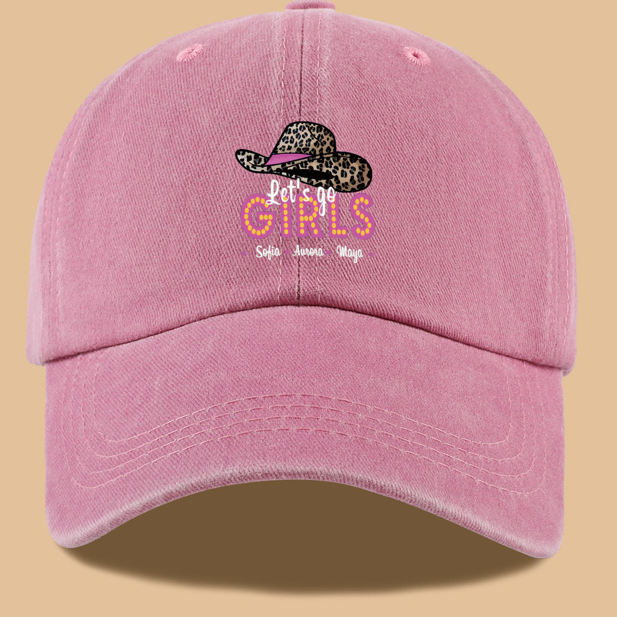 1pc Leopard Print Wide Brim Baseball Cap, Pink Brim with "Let'S Go GIRLS" Neon Style Letters, Adorned with Sofia, Aurora, Maya Names. Fashionable And Individual Sun Hat, Adjustable Size. Bestie Outing Hat, Sister Gathering Hat