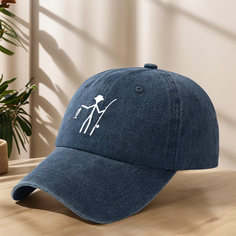 Creative Design Fishing Print Baseball Cap Classic Washed Vintage Duckbill Hat Soft Comfortable Sweat-Absorbing Breathable Hat Outdoor Leisure Sports Fishing Camping Adjustable Sun Hat