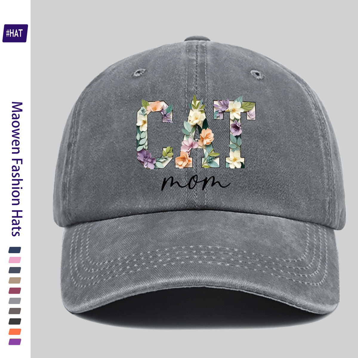 1 Washed Baseball Cap, Featuring a Floral Cat Mom Theme Iron-on Transfer Print Design, Vintage-style Distressed Baseball Cap for Autumn, Unisex Lightweight Outdoor Cap, Suitable for All-season Travel and Leisure, Adjustable Size Trucker Dad Hat, Idea