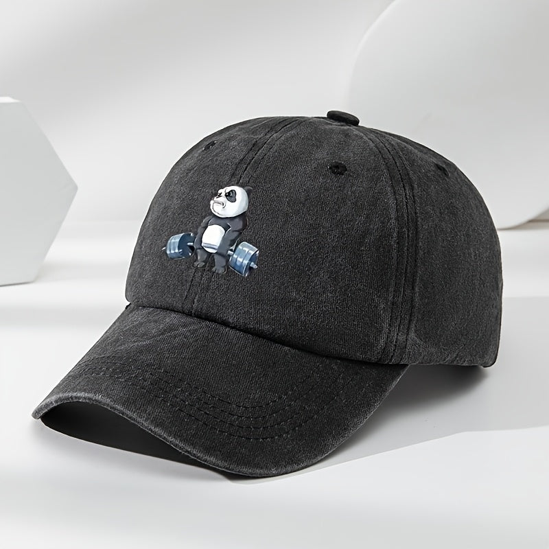 Cartoon Panda Print Baseball Cap with Panda Face - Washed Distressed Flat Brim Hat, Soft Top Moisture-Wicking Breathable Cap Suitable for, Casual Wear & Panda-Themed Outfits