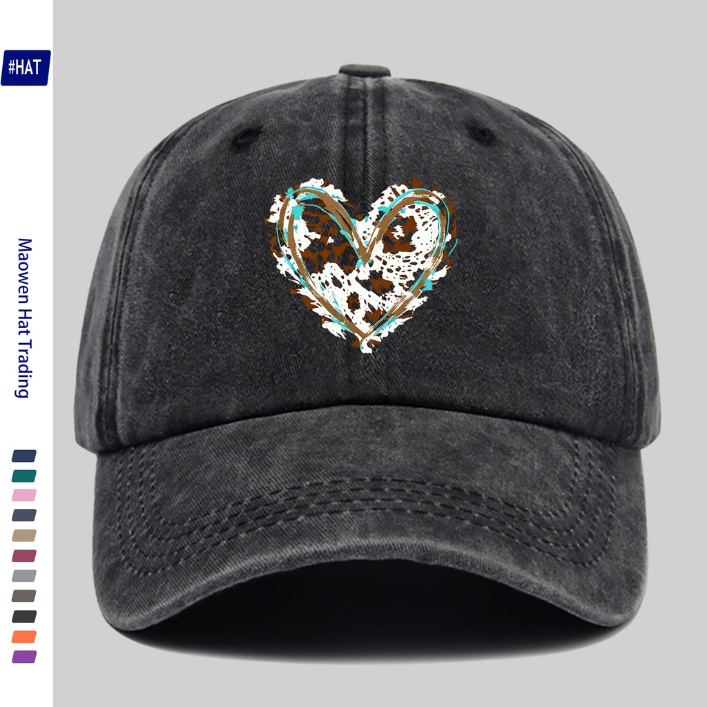 1 Adjustable Baseball Cap, Unisex, Versatile Street Style Fashion Printed Baseball Cap, Washed And Distressed Look Hat, Featuring a Fun Cartoon Heart Print Design, Comfortable And Lightweight, Vintage Street Skateboard Cap