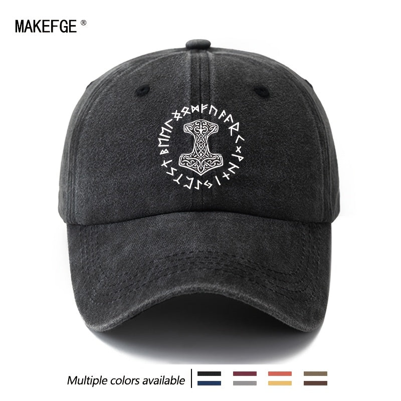 Unisex Fashionable All-Match Printed Thor'S Hammer Baseball Cap, Classic Retro Washed Outdoor Lightweight Curved Brim Hat, Trucker Style Baseball Cap, Suitable for Outdoor Vacation Travel Camping And Casual Occasions, Holiday Party Hip-Hop Hat