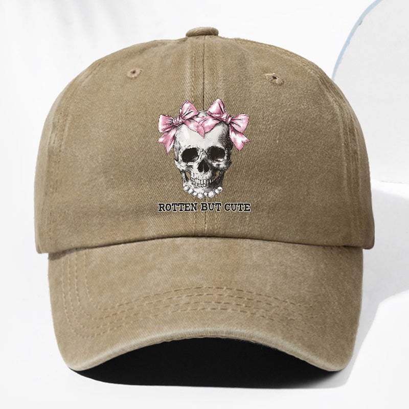 Unisex ROTTE BUT CUTE Letter Skull Print Washed Vintage Baseball Cap Fashion Men Women Sun Hat Adjustable Size Trucker Hat Suitable for All Seasons Daily Wear