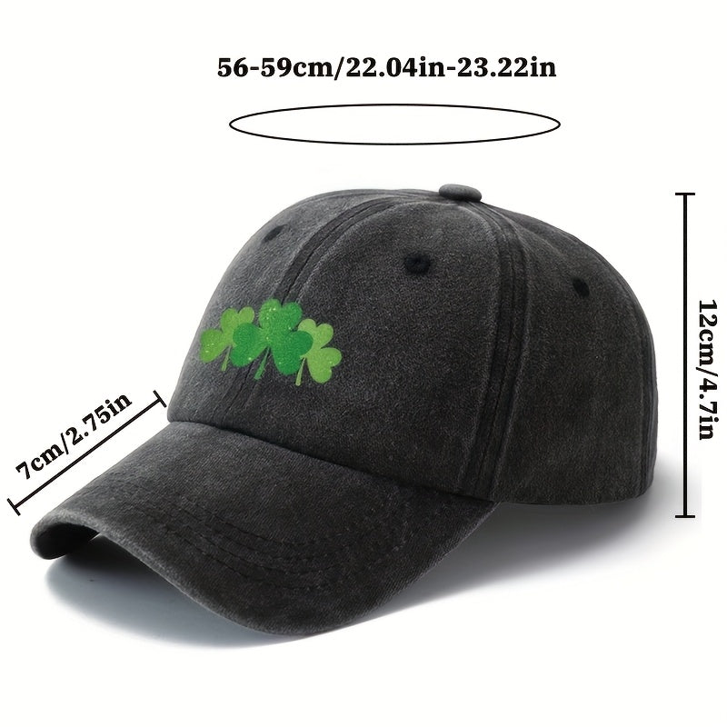 Green Clover Print Adjustable Snapback Cap - Outdoor Textile Hat with Four- Clover, Comfortable Casual Wear for, Camping, Travel, Ideal Gift Suitable for Couples & Outdoor Activities