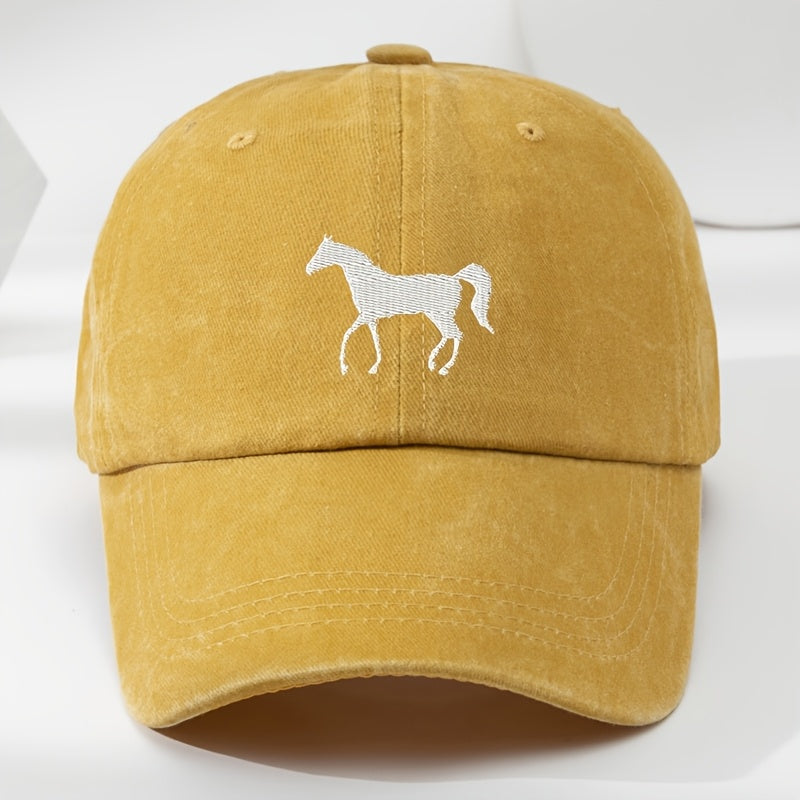 High-Quality White Horse Embroidered Baseball Cap, Washed Vintage Adjustable Duckbill Hat, Soft Top, Breathable, Sweat-Absorbing, Sun-Protective Trendy Hat