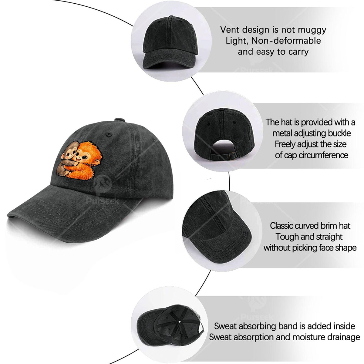 Tadanori Toya Plush Hug Baseball Cap - Vintage Full-Print Design, Suitable for Christmas, Gaming, And American Independence Day Events, Unisex Washable Monkey Baseball Cap, Lightweight Design (Hand Washable)