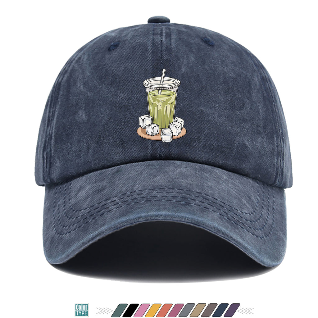 1pc Teal Green Beverage Print Baseball Cap, Featuring a Cup with a Straw, Ice Cubes Scattered Near the Cup, and a Colorful Striped Background. A Stylish and Casual Sun Hat, Unisex and Adjustable. Suitable for Street Trendsetters, Coffee Lovers