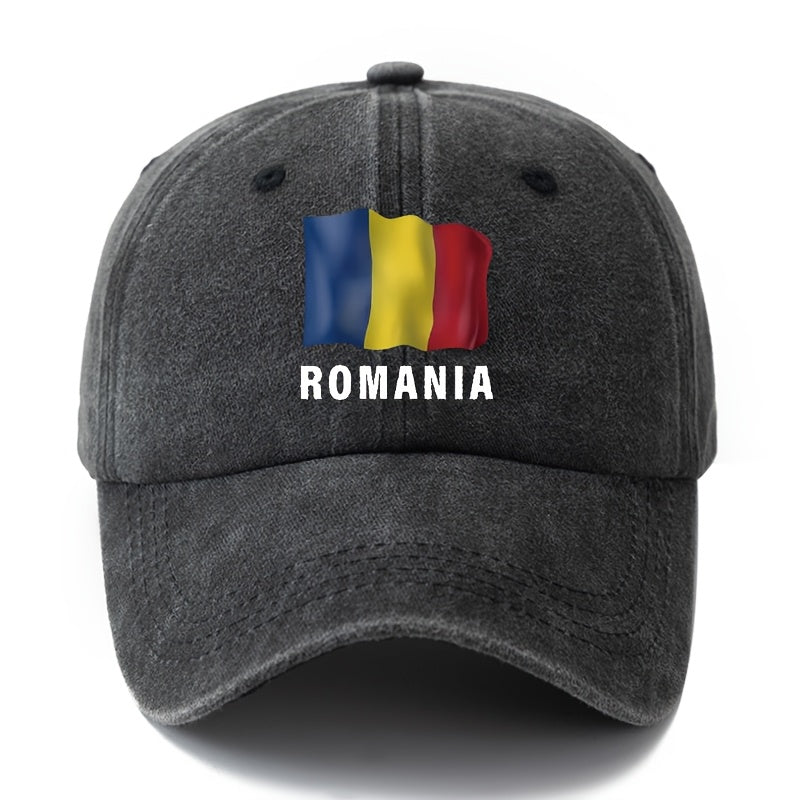 Unisex Fashion All-Match Printed ROMANIA Baseball Cap, Classic Vintage Washed Outdoor Lightweight Curved Brim Hat, Trucker Cap, Suitable for Outdoor Vacation Travel Camping And Casual Occasions, Holiday Party Hip-Hop Hat