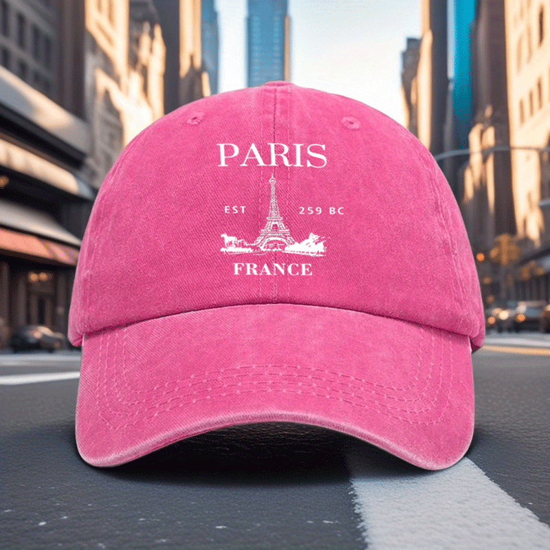 A Retro Baseball Cap Featuring a Print of The Eiffel Tower in Paris, Designed with a Relaxed Curved Brim And Soft Top, Adjustable for a Comfortable Fit, Perfect for Sports, And Stylish with a Pointed Top