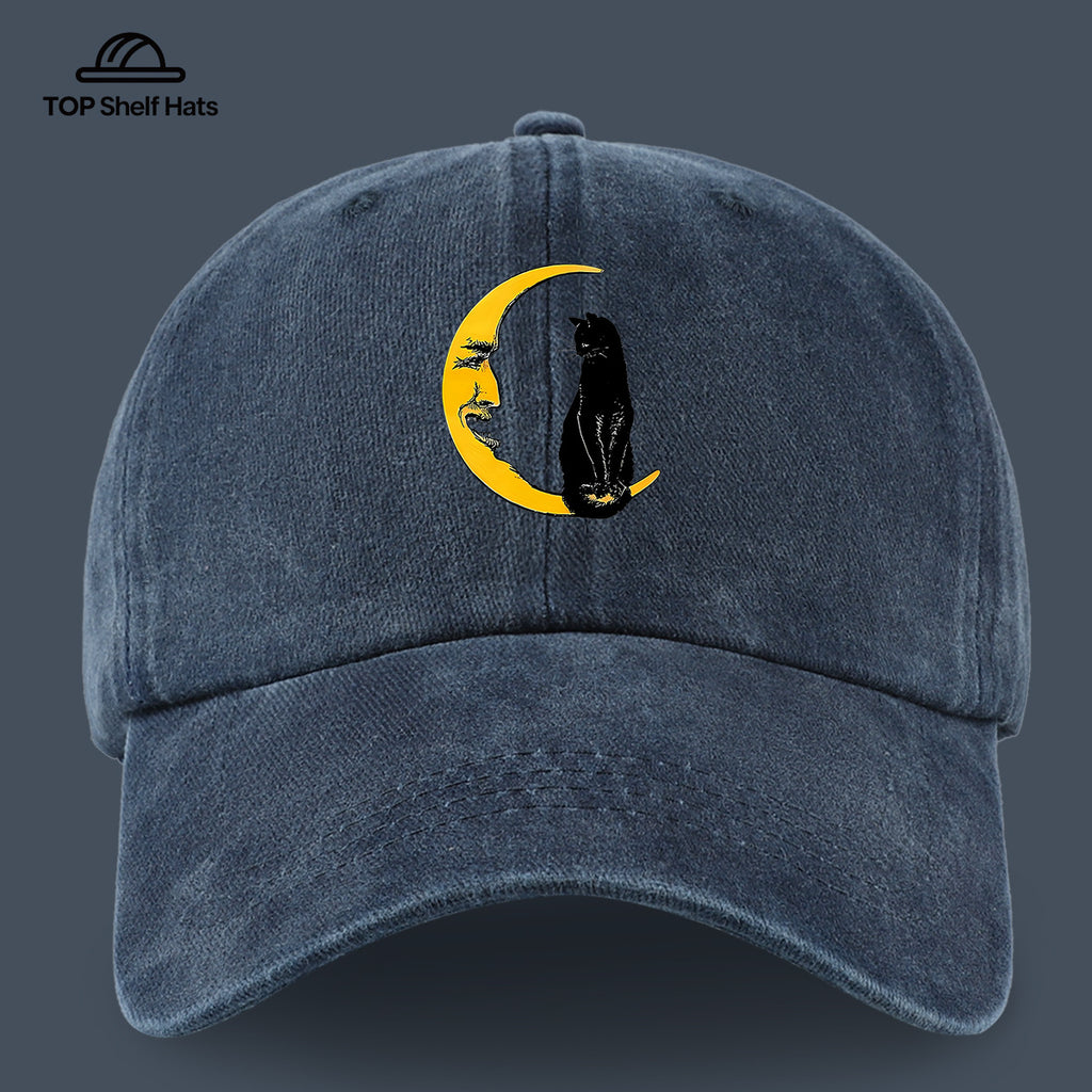 1pc Moon Cat Print Baseball Cap, Creative Illustration Sun Hat, Lightweight Comfortable Breathable Adjustable Size, Black PAPA Truck Driver Retro Dad Hat, Mom Beach Vacation Sun Hat, Youth Couple Outdoor Skate Hat