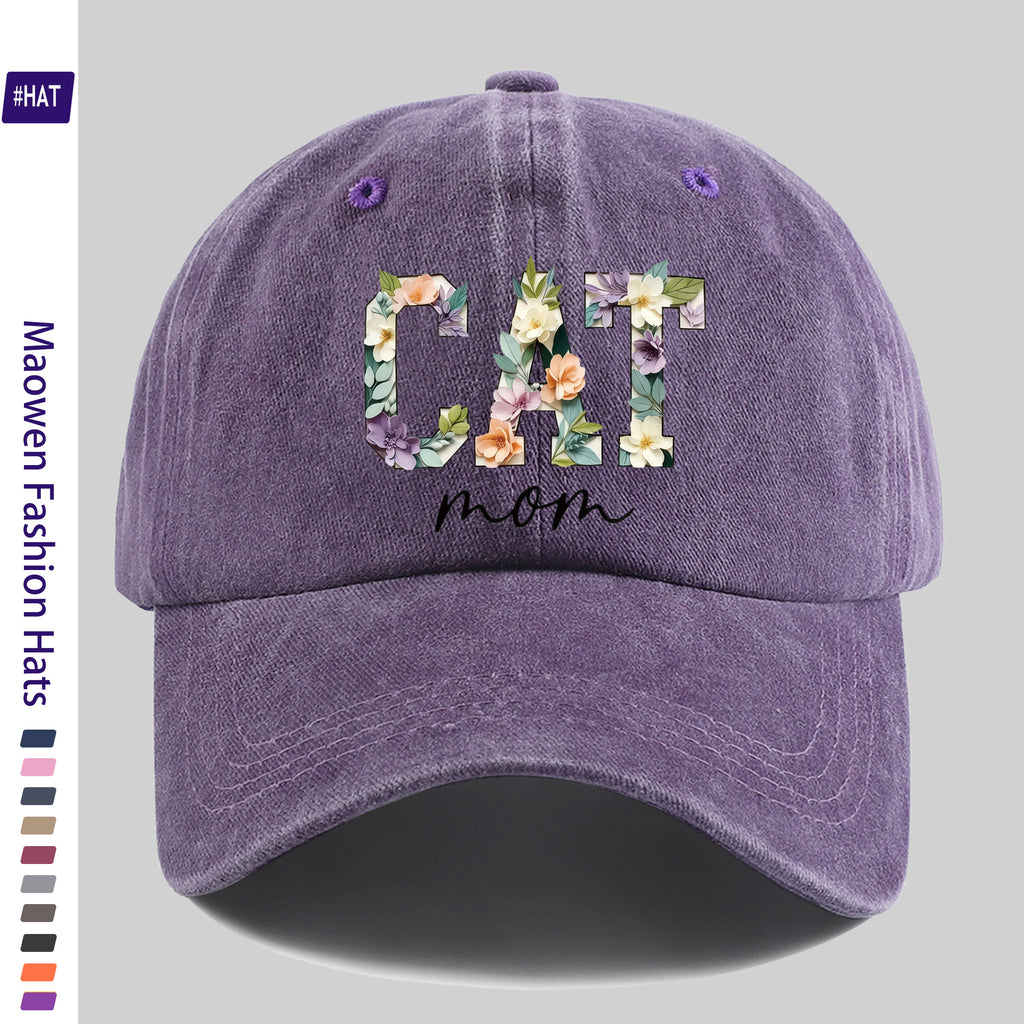 1 Washed Baseball Cap, Featuring a Floral Cat Mom Theme Iron-on Transfer Print Design, Vintage-style Distressed Baseball Cap for Autumn, Unisex Lightweight Outdoor Cap, Suitable for All-season Travel and Leisure, Adjustable Size Trucker Dad Hat, Idea