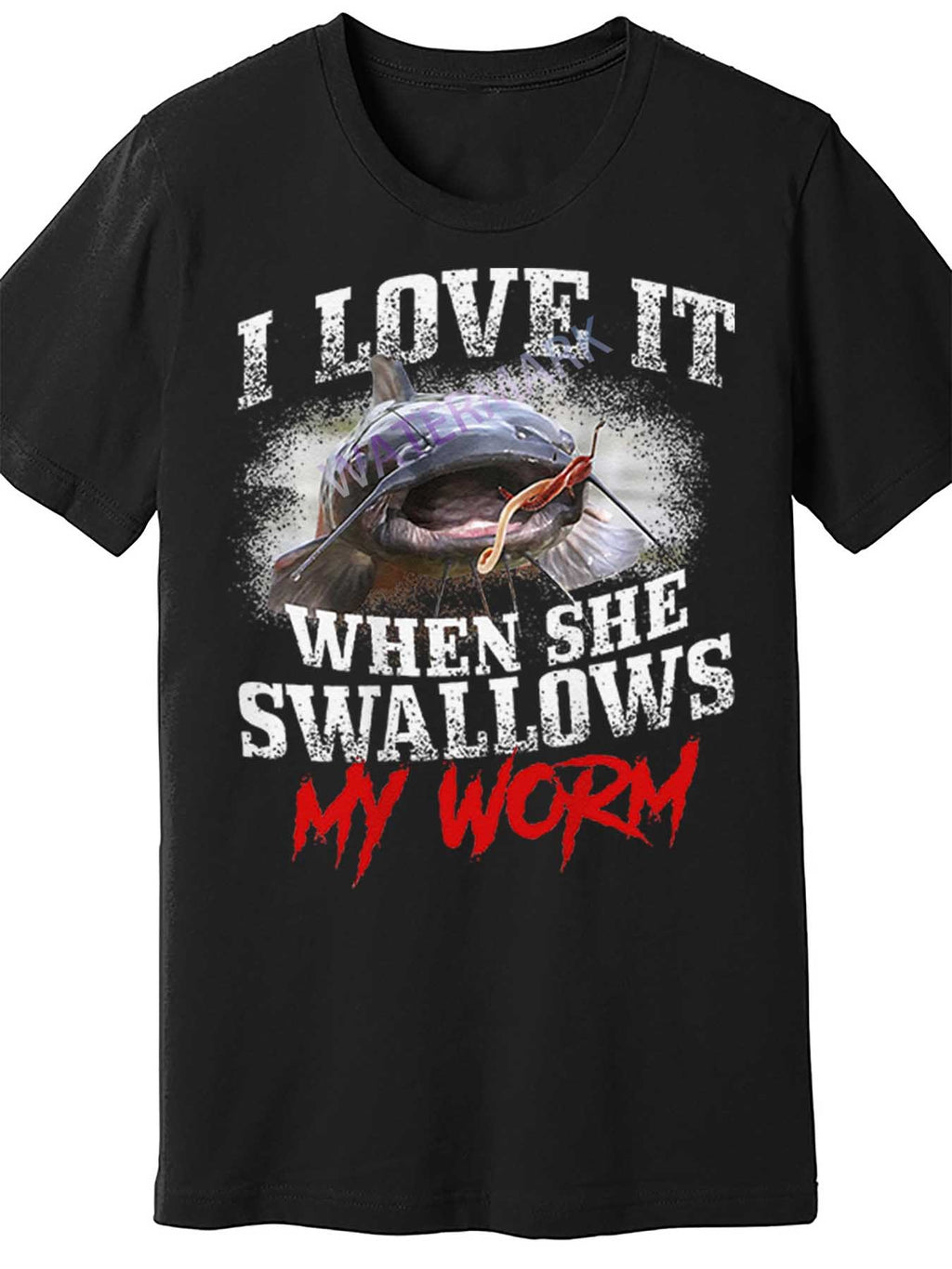 Adventure Ready | Men's Catfishing Fishing T-Shirt, "I Love It When She Swallows My Worm" Graphic, 100% Cotton Crew Neck Short Sleeve Tee, Casual All-Season Knit Fabric Top, Regular Fit - Black