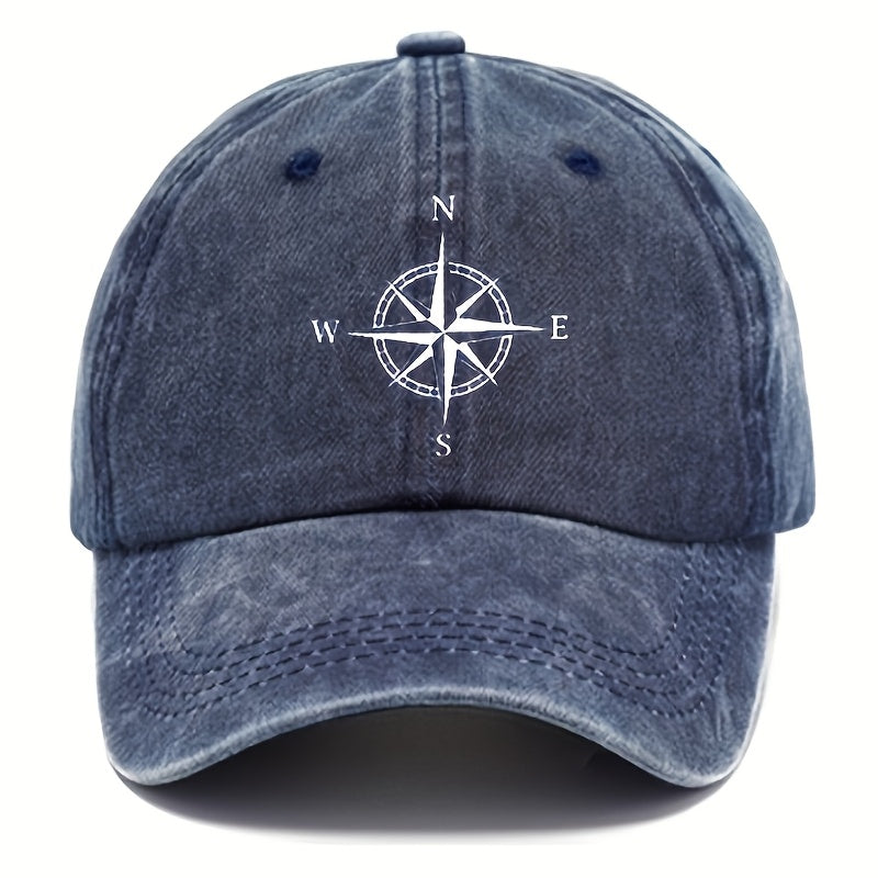 Vintage Washed Cotton Baseball Cap With Compass Print, Unisex Old Daddy Hat With Sun Protection, Adjustable Holiday Themed Casual Hat