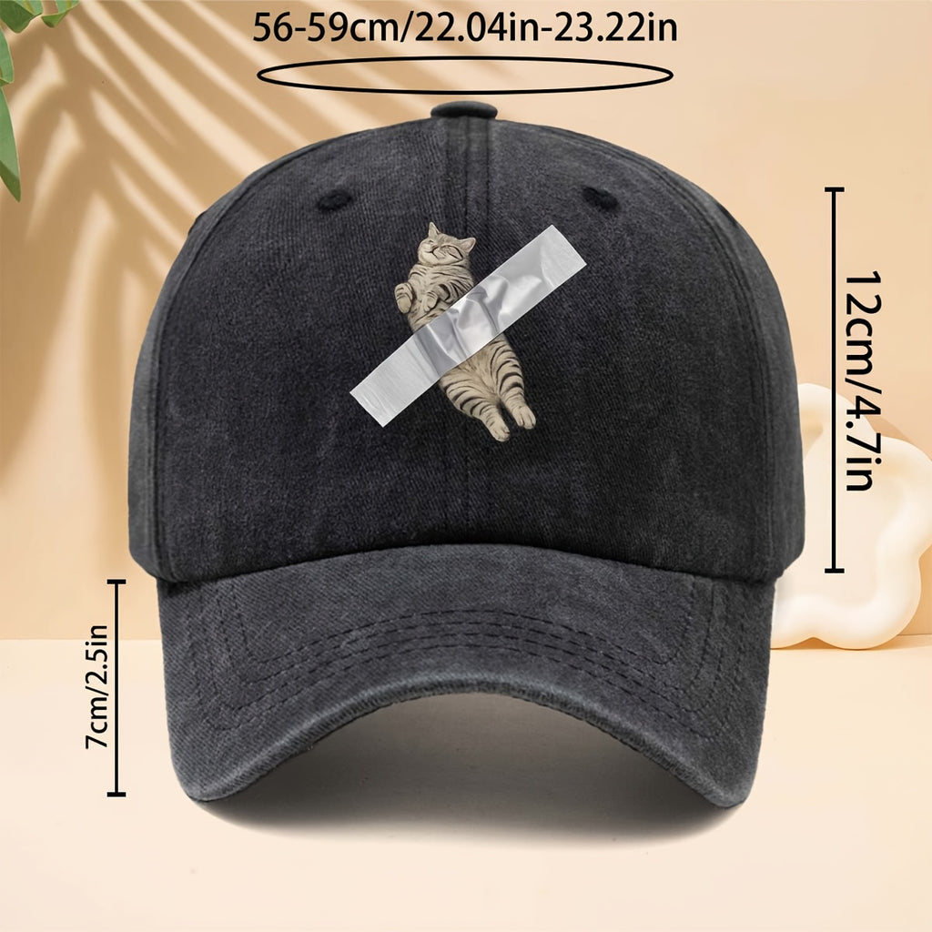 Adjustable Cat Tape-Printed Baseball Cap with Tape-Themed Tab & Curved Brim - Soft Top Trucker Hat Suitable for All- Wear, Unisex for Men & Women, Casual, Parties, Hip-Hop Outfits - Durable Comfortable Design