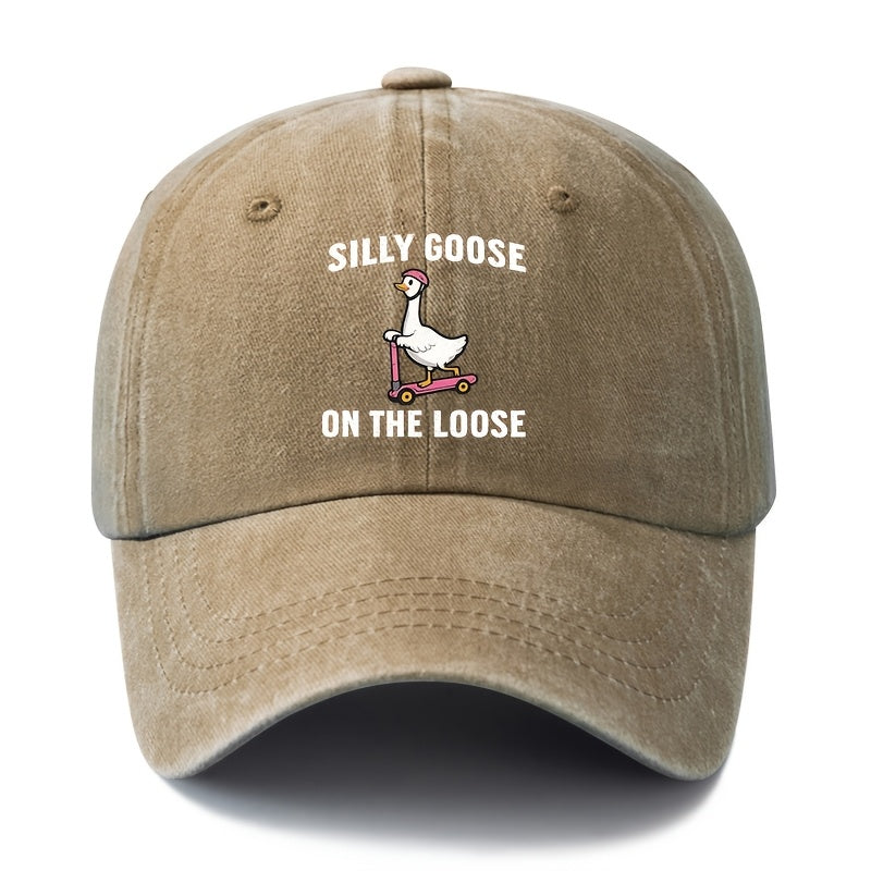Unisex Fashion Versatile Printed SILLY GOOSE ON THE LOOSE Baseball Cap, Classic Retro Washed Outdoor Lightweight Curved Brim Hat, Trucker Cap, Suitable for Outdoor Vacation Travel Camping And Casual Occasions, Holiday Party Hip-Hop Hat