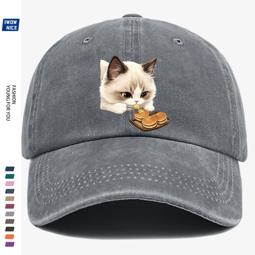 1pc 1pcs Cat Eating Muffin Baseball Cap with Kitten Print - Adjustable Unisex Hat Suitable for Men & Women, Cute, Streetwear, Café Outfits, Daily Wear, Fashionable Cap for Bestie Gatherings & Weekend Outings