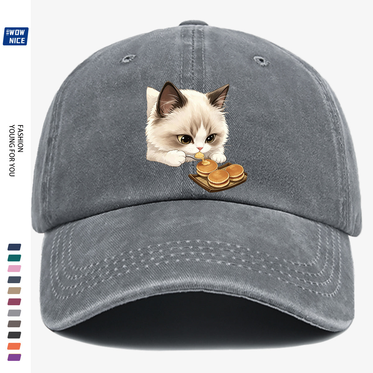 1pc 1pcs Cat Eating Muffin Baseball Cap with Kitten Print - Adjustable Unisex Hat Suitable for Men & Women, Cute, Streetwear, Café Outfits, Daily Wear, Fashionable Cap for Bestie Gatherings & Weekend Outings