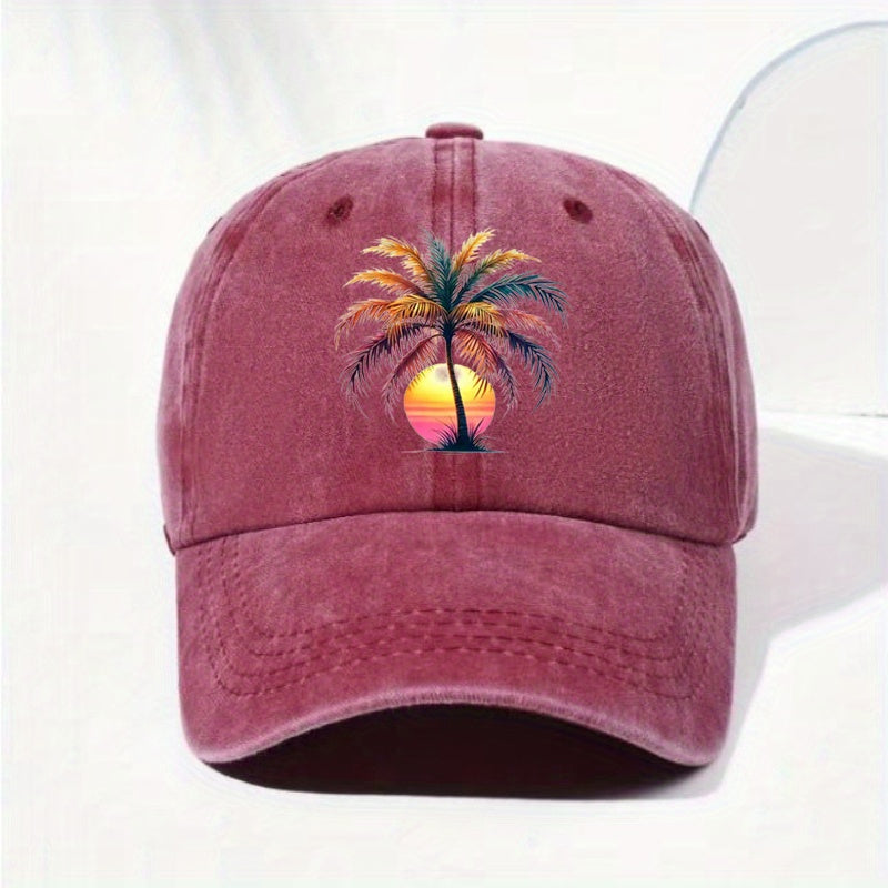 Sunset Palm Tree Print Men's Hat, Casual Men's Baseball Cap, Fashionable Men's Hat, Adjustable, Suitable for Outdoor Sports on the Beach, Designed with Graphic Prints, Multiple Styles Available