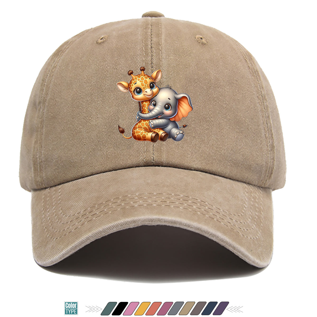 1pc Cartoon Giraffe and Baby Elephant Hugging Print Baseball Cap, Cute Animal Pattern Sun Hat, Stylish Casual Versatile Unisex Adjustable Snapback Cap, Outing Hat, Bestie Shopping Hat, Outdoor Picnic Hat, Amusement Park Hat, Birthday Holiday Gift