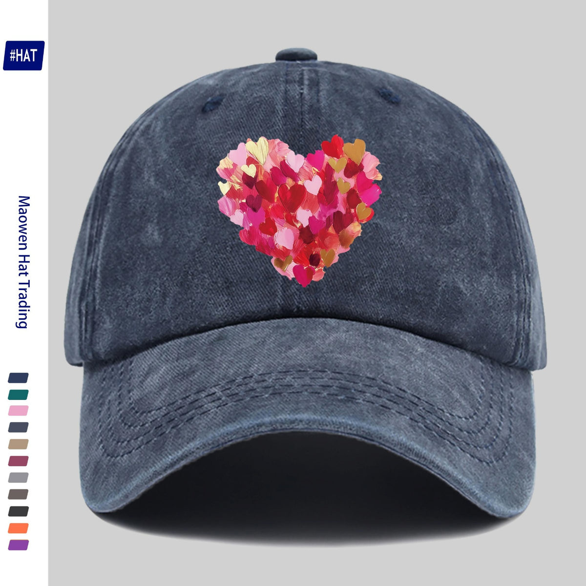 Heavy-Duty Washed Vintage Trucker Cap, Thick Oil-Painting Style Heart Print, Adjustable Snapback Closure, Suitable for Sports, Unisex Outdoor Cap, Ideal for All-Season Travel, Durable Headwear