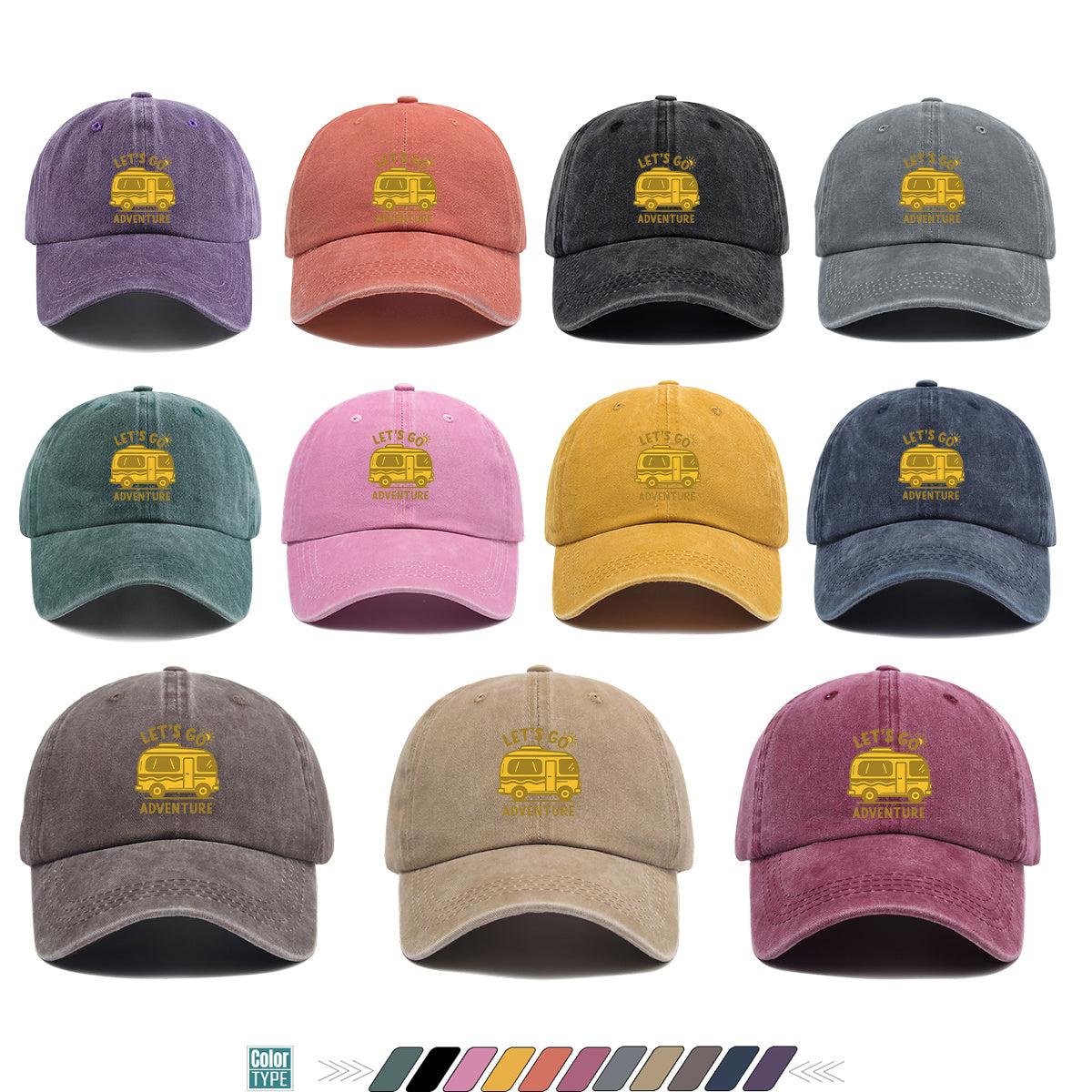 1pc "LET's GO ADVENTURE" Camper Van Print Baseball Cap, Vintage Yellow RV Pattern Sun Hat, Fashionable Casual Sun Hat, Unisex Adjustable Duckbill Cap for Outdoor Adventures, Road Trips, Camping Picnics, Weekend Outings, Park Strolls, Beach Vacations