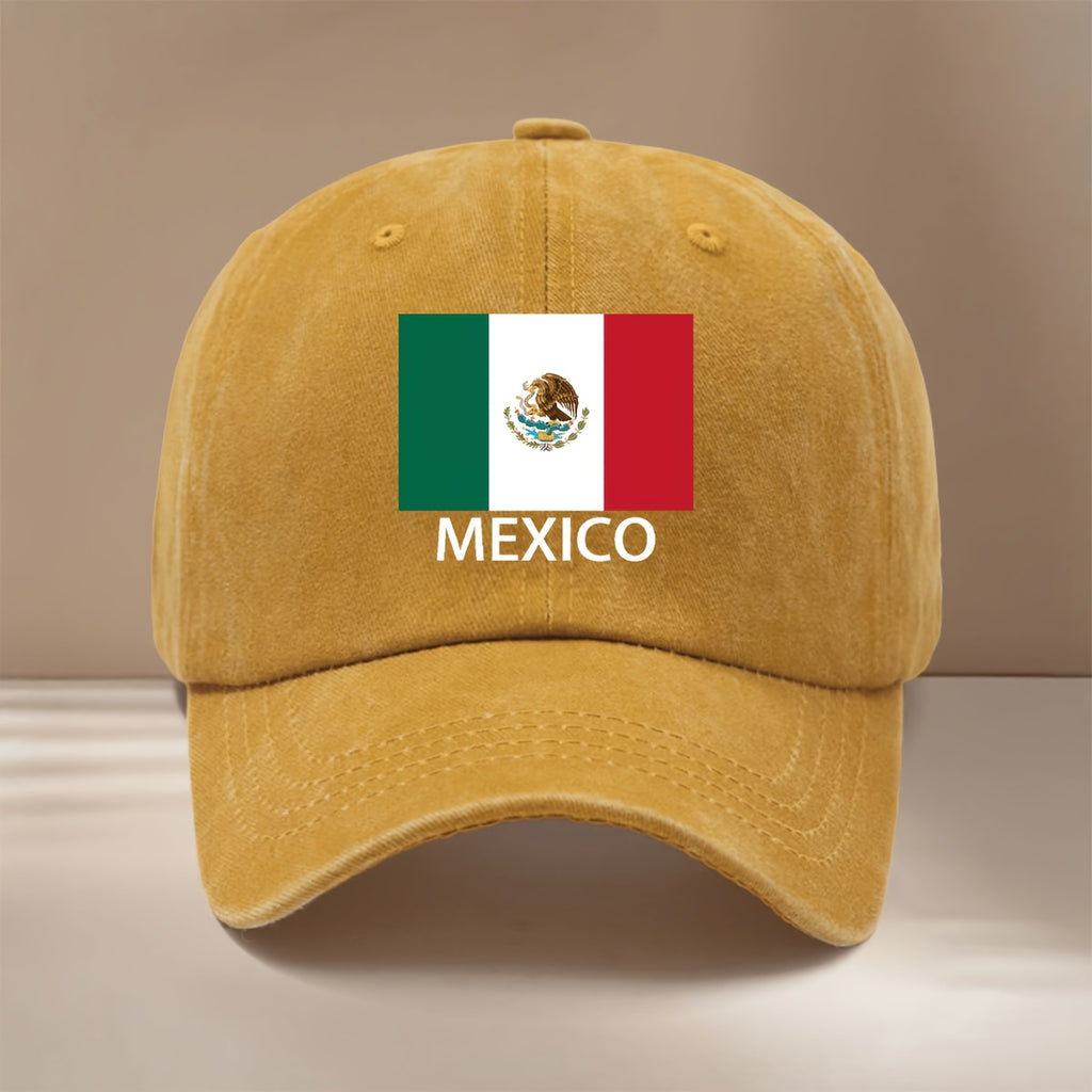 MEXICO Text Flag Print Pattern Baseball Cap for Vacation, Travel, Dinner Parties, and Camping. Six-Panel Hat with a Simple Textured Feel, Lightweight and Comfortable Curved Brim Cap. Unisex Casual Hat, Hip-Hop Hat with Adjustable Size, Relaxed Fit