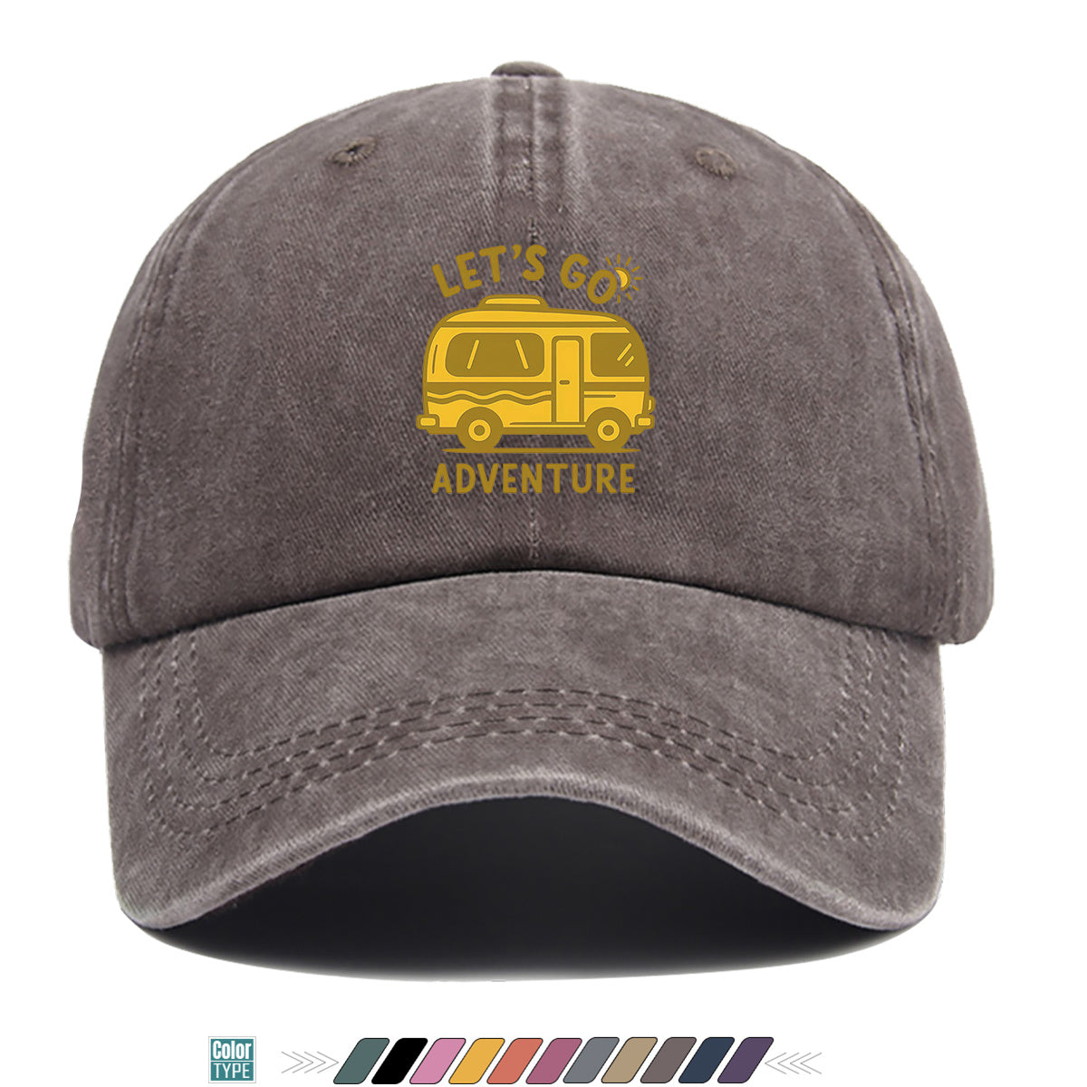 1pc "LET's GO ADVENTURE" Camper Van Print Baseball Cap, Vintage Yellow RV Pattern Sun Hat, Fashionable Casual Sun Hat, Unisex Adjustable Duckbill Cap for Outdoor Adventures, Road Trips, Camping Picnics, Weekend Outings, Park Strolls, Beach Vacations