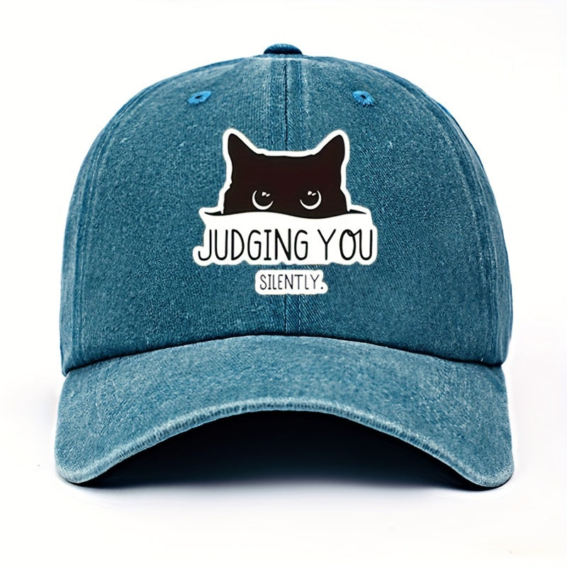 Vintage-Style Adjustable Baseball Cap Featuring a Cat Design with The Words "Silently Judging You"
