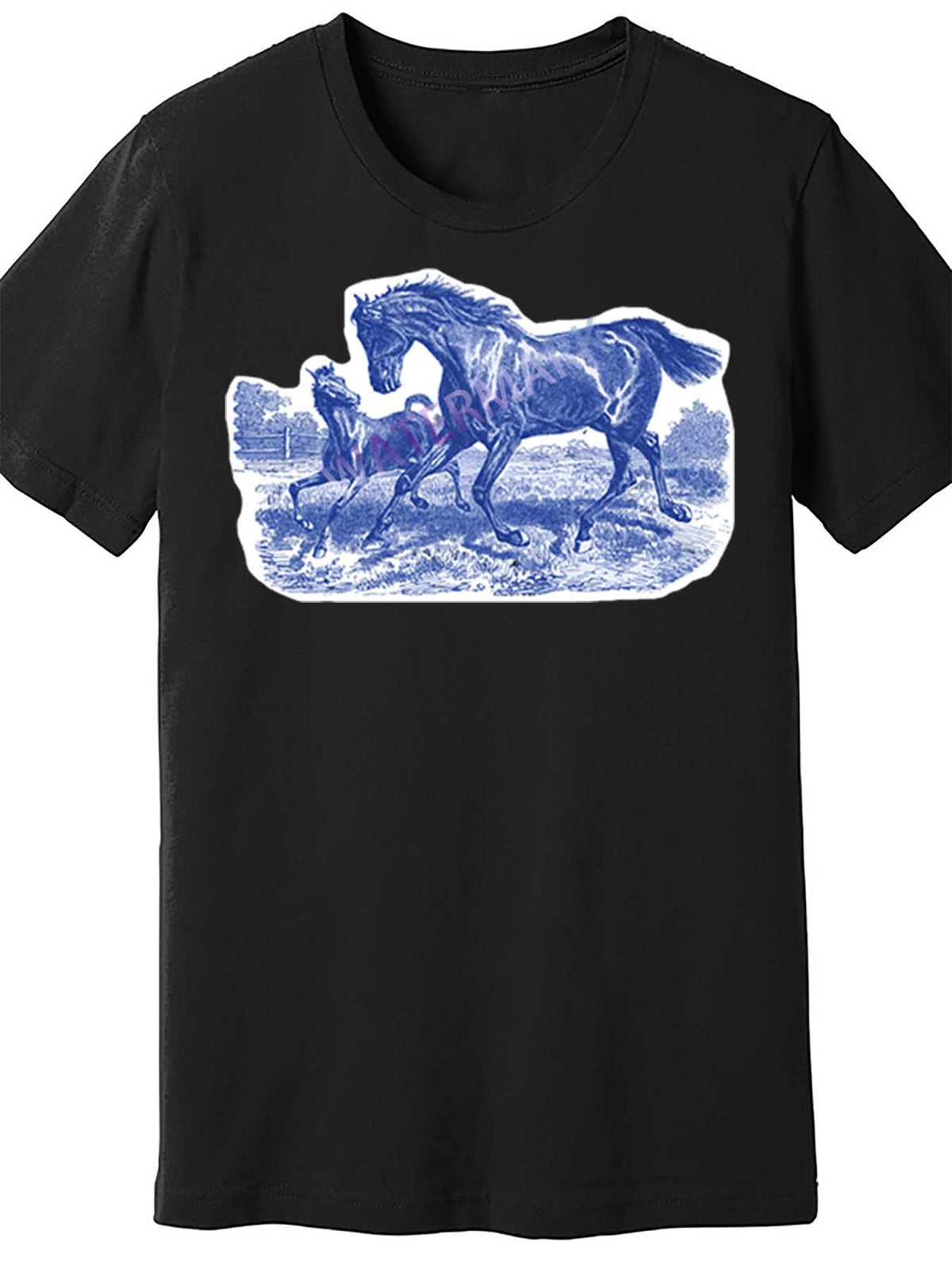 [Casual Everyday] Men's Black Cotton Short Sleeve T-Shirt with Rustic Blue French Country Horse Print – Casual, Breathable, and Machine Washable for All Seasons