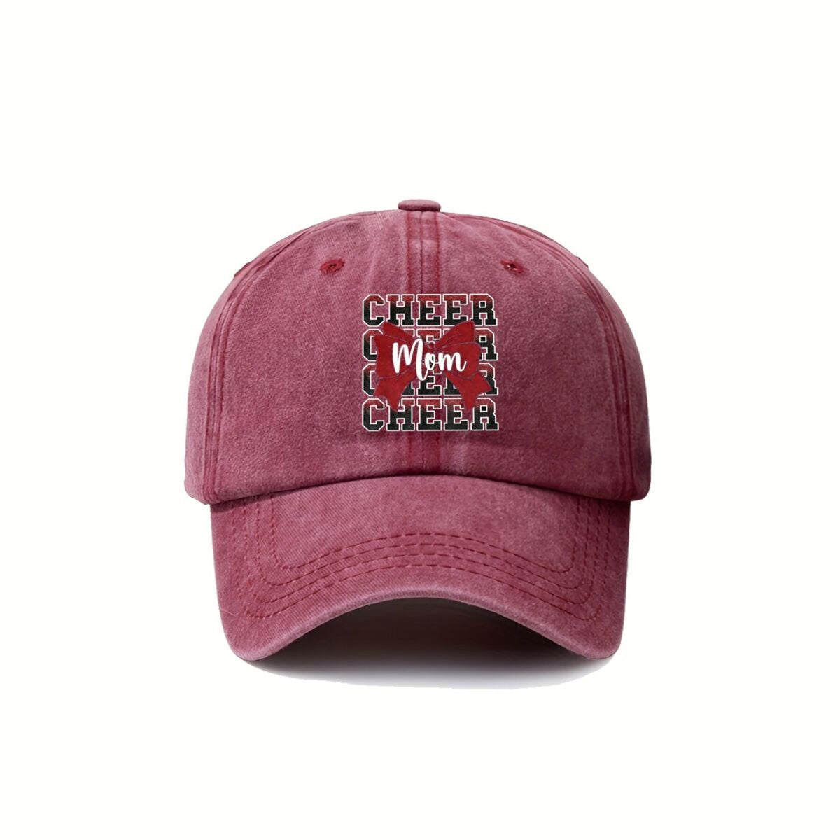 Cheer Mom Bow Squad Text American Retro Washed Distressed Printed Baseball Cap for Men and Women, Suitable for Spring and Autumn, Outdoor Sun Hat,  Trendy Hip-hop Duckbill Cap