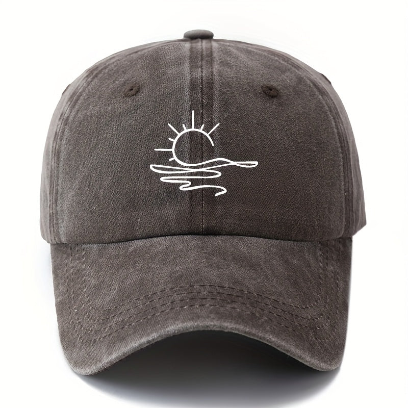 One Size Fits Most Washed Printing Sun Pattern Baseball Cap, Fashionable Curved Brim Hat, Suitable for Outdoor Vacation Travel Camping Leisure Occasions, Truck Driver Baseball Cap