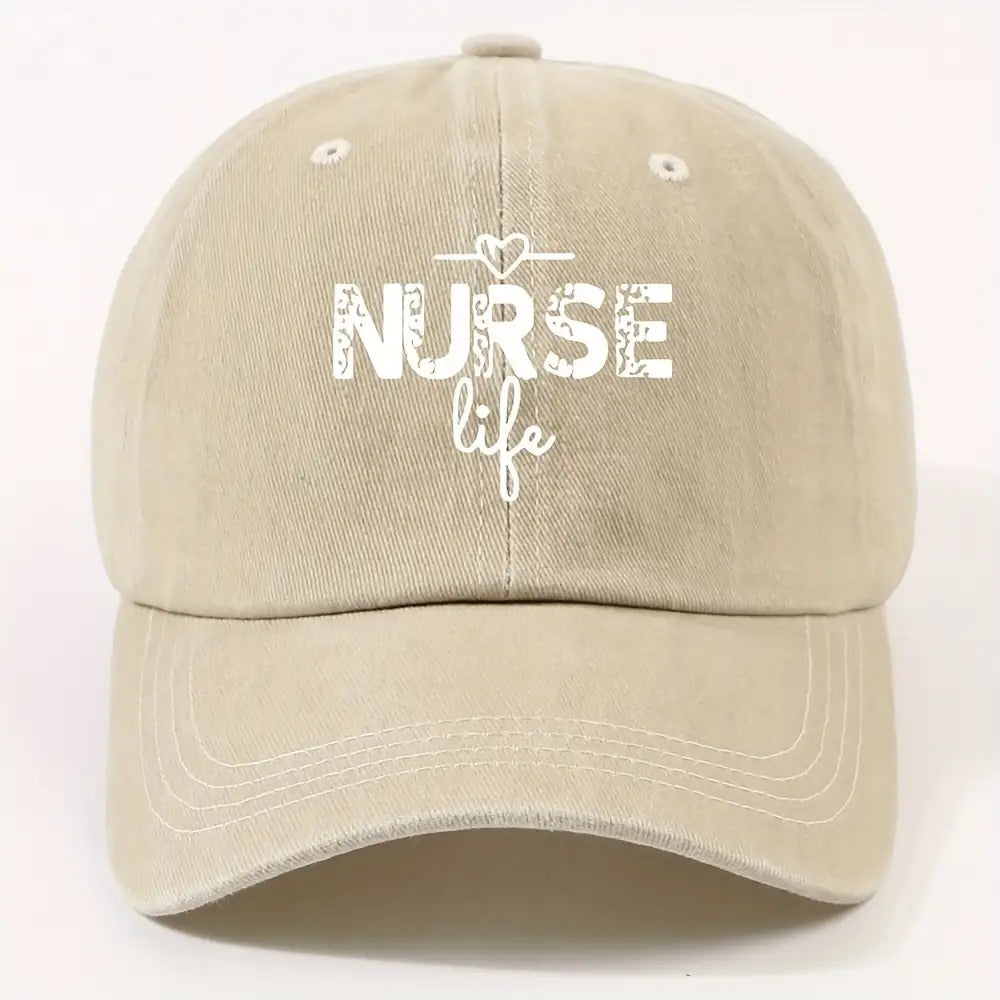 1 Fashion Nurse Letter Washed Baseball Cap Unisex Adjustable Brim Sun Hat Shopping Cycling Skateboarding Trendy Baseball Cap,  Casual Wear, Sporty Style, Geometric Pattern, Metal Buckle Closure, Durable Material, Unisex Headwear, Men And Women