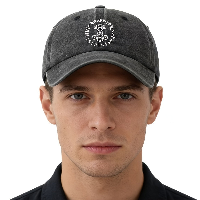 Unisex Fashionable All-Match Printed Thor'S Hammer Baseball Cap, Classic Retro Washed Outdoor Lightweight Curved Brim Hat, Trucker Style Baseball Cap, Suitable for Outdoor Vacation Travel Camping And Casual Occasions, Holiday Party Hip-Hop Hat