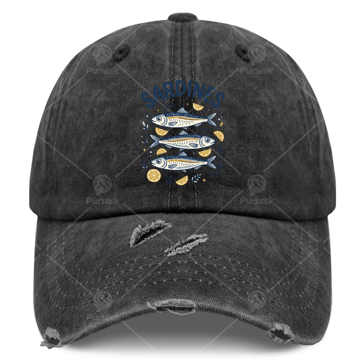 Men's Sardine-Themed Trucker Hat - Distressed Wash Baseball Cap with Sardine Print, Elastic Strap & Machine Washable Suitable for Casual Wear, Fishing Trips, Outdoor Activities, Nautical Cap for Sardine Lovers