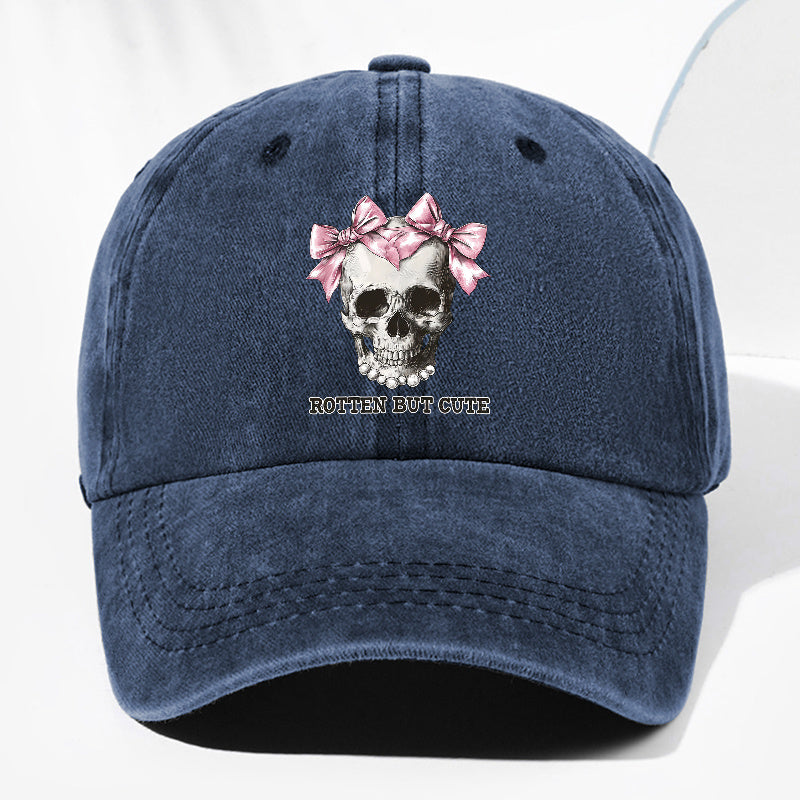 Unisex ROTTE BUT CUTE Letter Skull Print Washed Vintage Baseball Cap Fashion Men Women Sun Hat Adjustable Size Trucker Hat Suitable for All Seasons Daily Wear