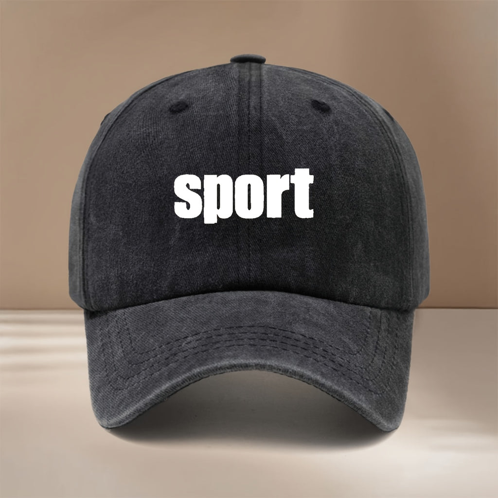 Baseball Cap with "sport" Text Graphic Print, Featuring a Relaxed and Simple Hip-hop Style. Unisex Trucker Hat Suitable for Vacations, Travel, Gatherings, and Camping. Comfortable and Lightweight Duckbill Cap with a Curved Brim That Slims the Face.