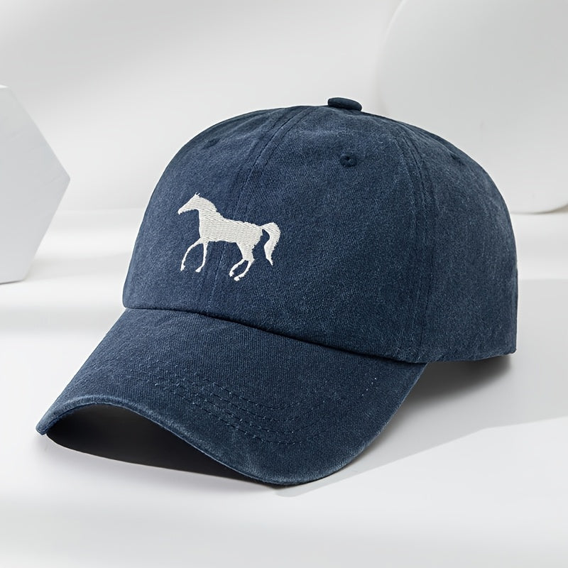 High-Quality White Horse Embroidered Baseball Cap, Washed Vintage Adjustable Duckbill Hat, Soft Top, Breathable, Sweat-Absorbing, Sun-Protective Trendy Hat