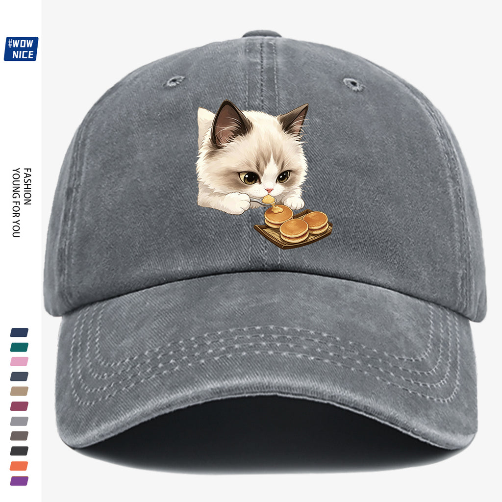 1pc 1pcs Cat Eating Muffin Baseball Cap with Kitten Print - Adjustable Unisex Hat Suitable for Men & Women, Cute, Streetwear, Café Outfits, Daily Wear, Fashionable Cap for Bestie Gatherings & Weekend Outings