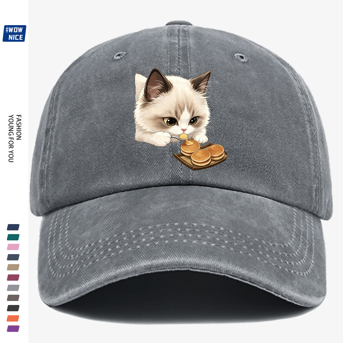 1pc 1pcs Cat Eating Muffin Baseball Cap with Kitten Print - Adjustable Unisex Hat Suitable for Men & Women, Cute, Streetwear, Café Outfits, Daily Wear, Fashionable Cap for Bestie Gatherings & Weekend Outings