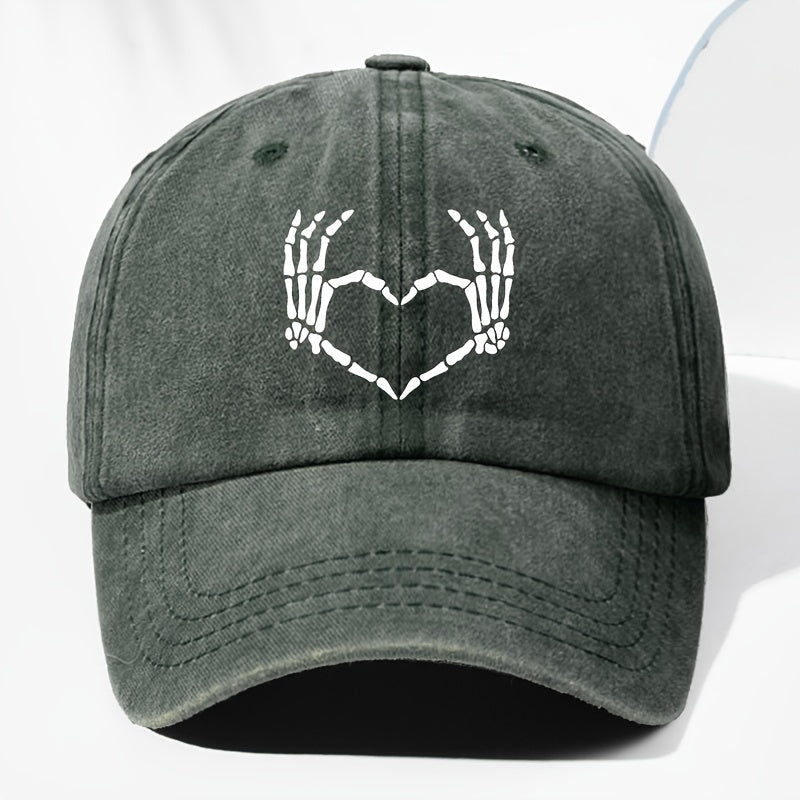 Men' & Women' Vintage Washed Baseball Cap with Heart & Skull Print - Adjustable Trucker Hat Suitable for All Seasons, Outdoor, Casual Wear, Retro Washed Style, Unisex for Daily Use, Driving,, and Everyday Fashion